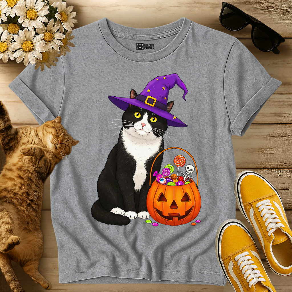 Witch Cat with Pumpkin Candy Basket T-Shirt