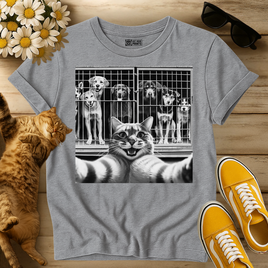 Cat Selfie with Dogs in a Cage T-Shirt