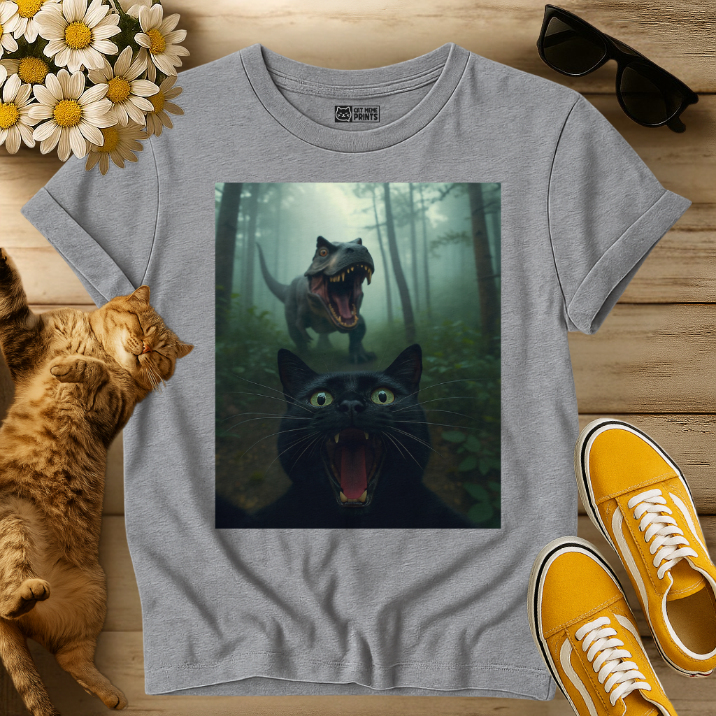 Black Cat Selfie with T-Rex T-Shirt