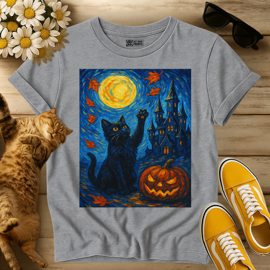Black Cat Van Gogh Starry Night Halloween T-Shirt