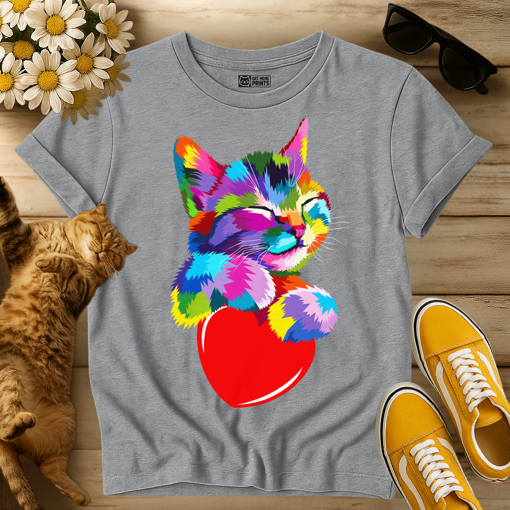 Cute Kitty Hugging Heart Rainbow T-Shirt