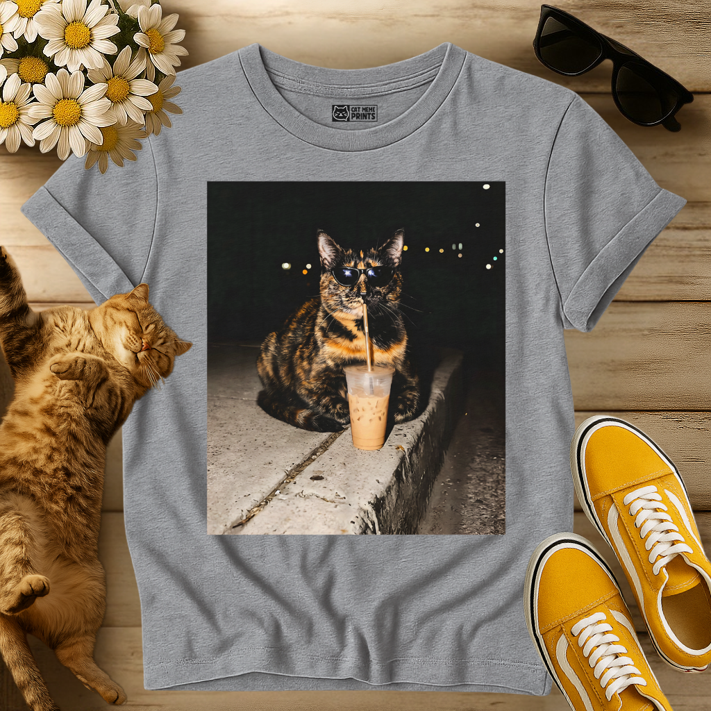 Tortoiseshell Cat Drinking Iced Coffee T-Shirt