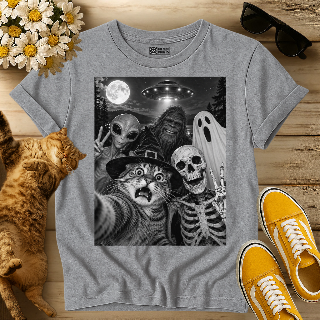 Cat Selfie Witch Skeleton Alien Bigfoot Ghost UFO T-Shirt