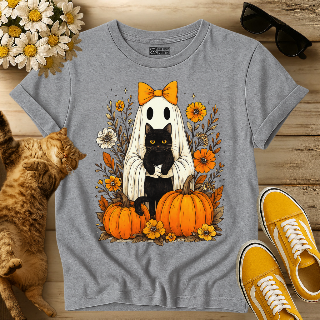 Ghost Holding Black Cat Floral T-Shirt
