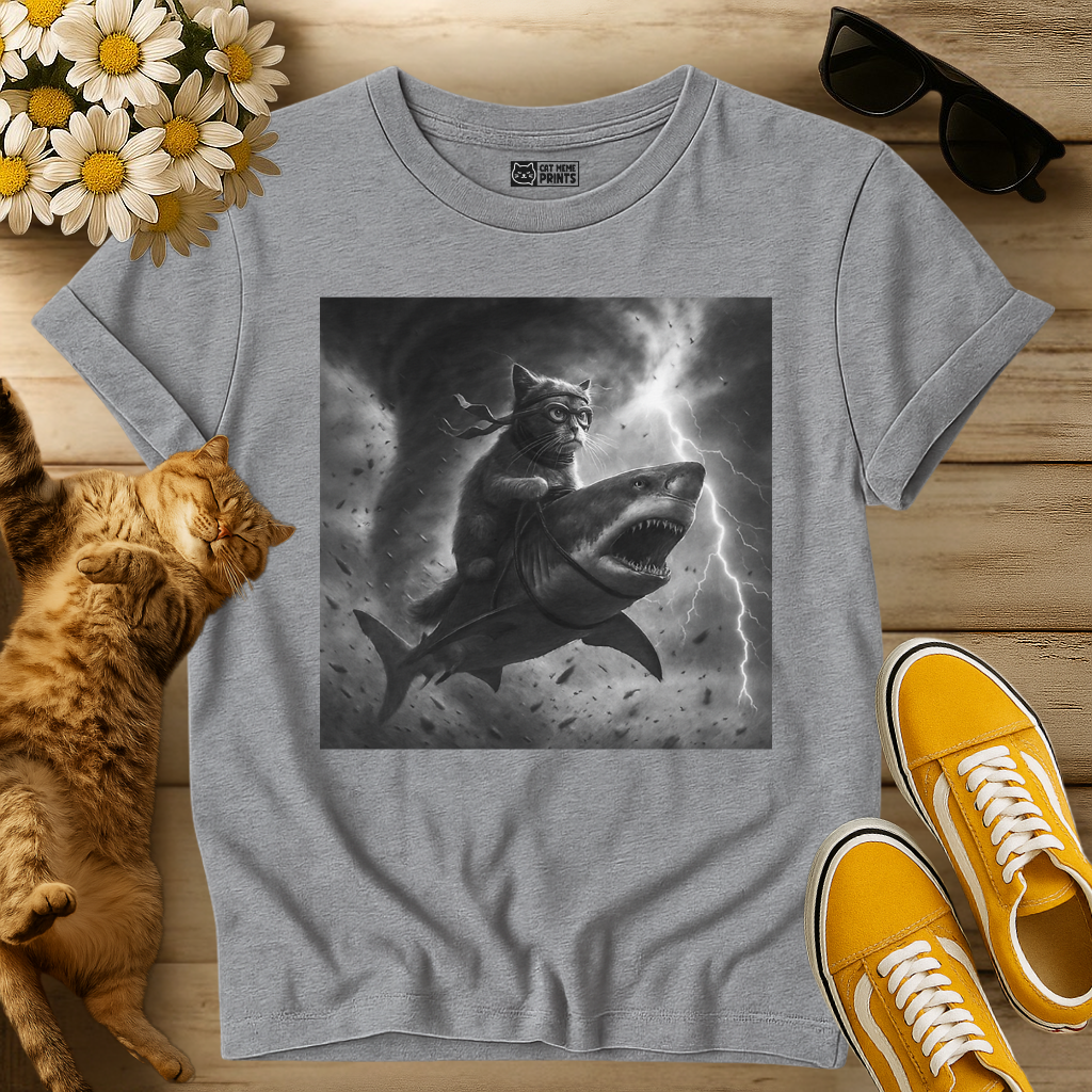 Cat Riding a Shark in Tornado Selfie T-Shirt