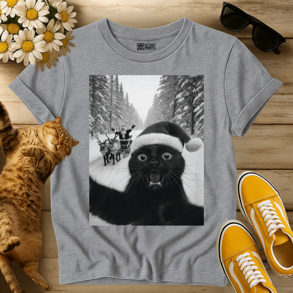 Black Cat Selfie with Santa T-Shirt