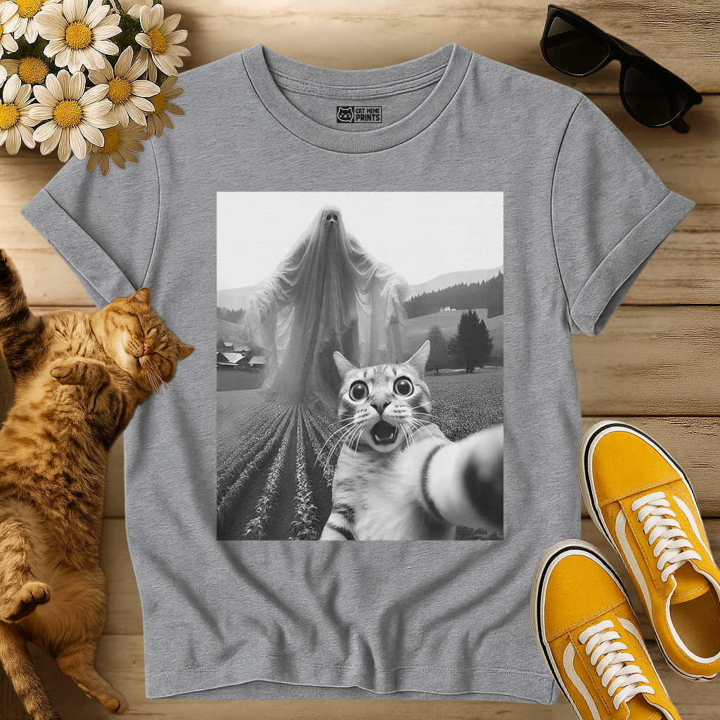 Cat Selfie with Spooky Ghost T-Shirt