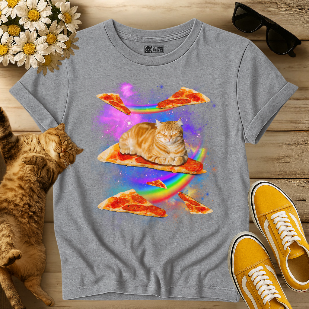 Cat Riding Pizza In Space Galaxy T-Shirt