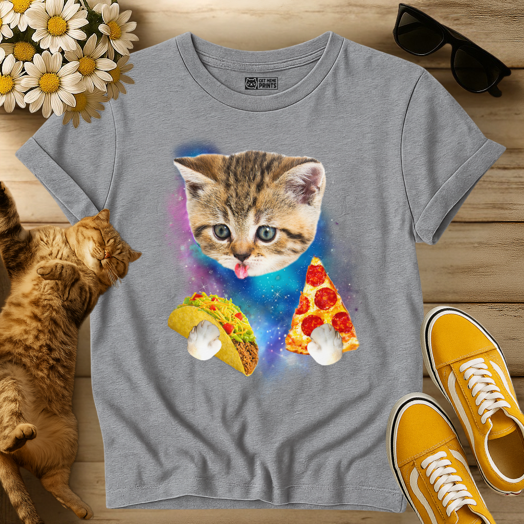 Cat Eat Pizza & Taco in Galaxy Space T-Shirt