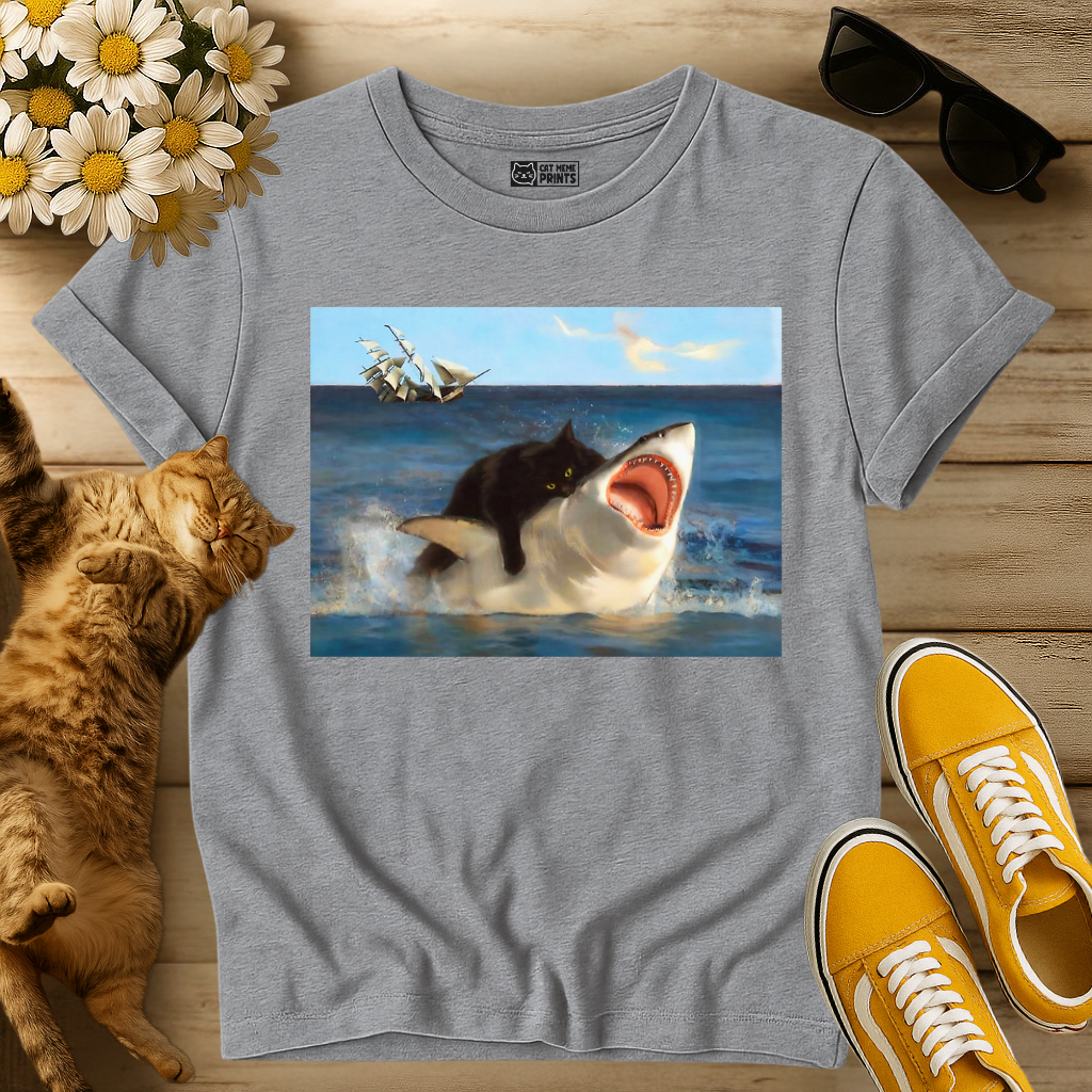 Black Cat Riding Shark Ocean Selfie T-Shirt