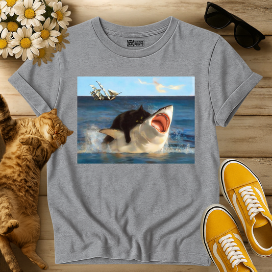 Black Cat Riding Shark Ocean T-Shirt