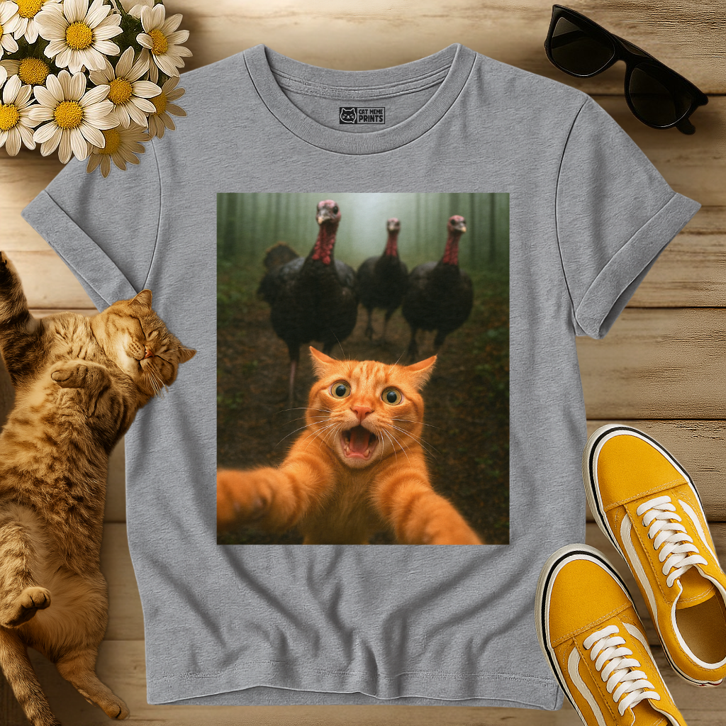 Cat Selfie Turkey Chase Thanksgiving T-Shirt