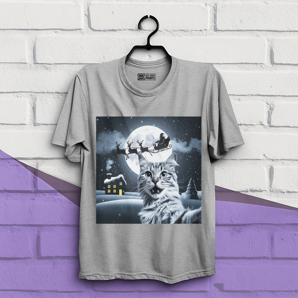 Cat Selfie with Santa Sleigh Christmas T-Shirt
