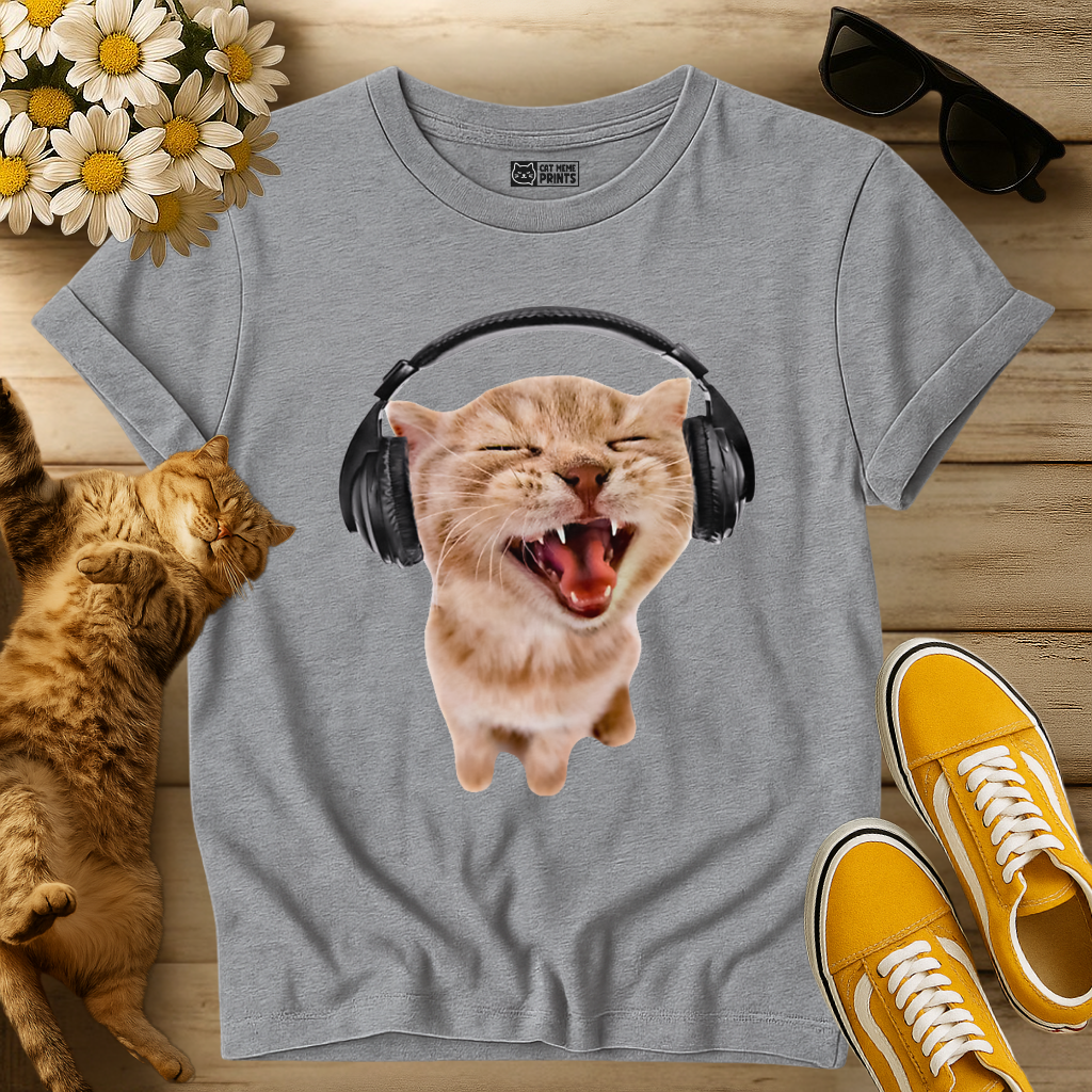 Silly Cat With Headphones T-Shirt