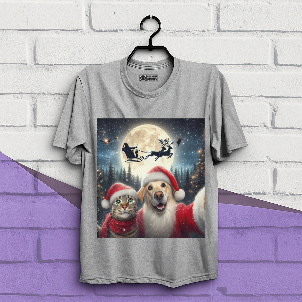 Cat and Dog Selfie with Santa Claus Christmas T-Shirt