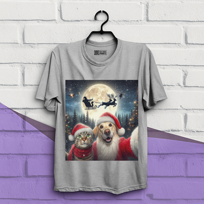 Cat and Dog Selfie with Santa Claus Christmas T-Shirt