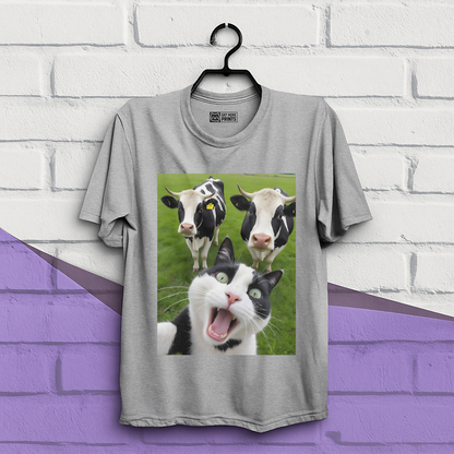 Cat Selfie With Black And White Cow T-Shirt