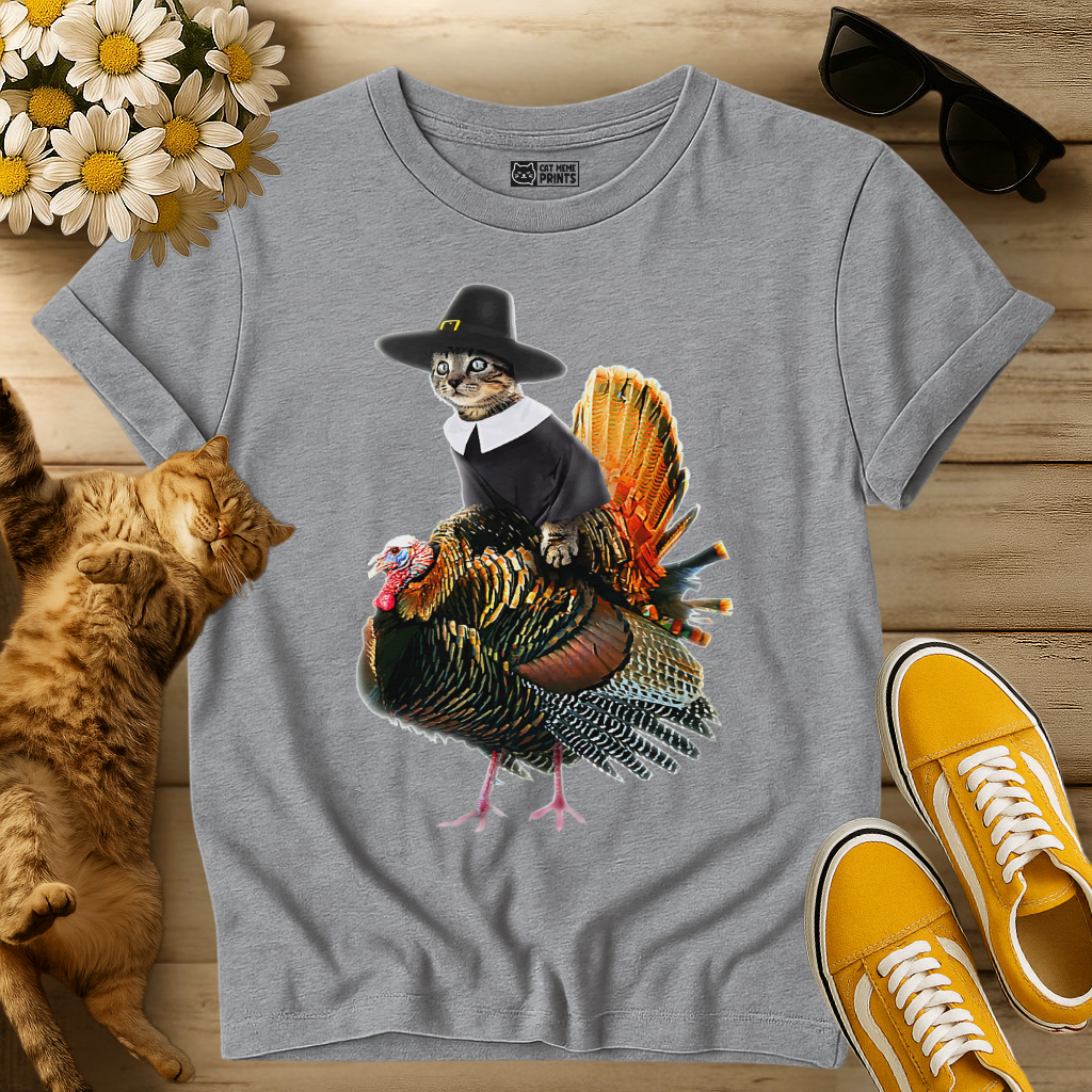 Cat Pilgrim Riding Turkey Thanksgiving T-Shirt