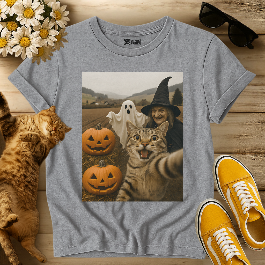 Cat Selfie with Witch & Ghost T-Shirt