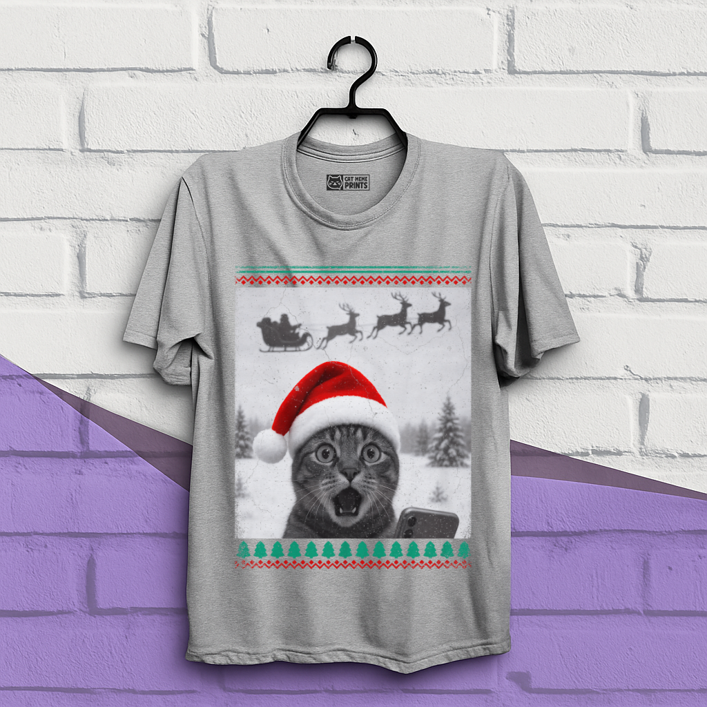 Christmas Cat Selfie with Santa Sleigh T-Shirt