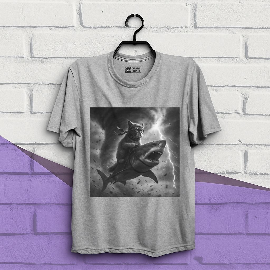 Cat Riding a Shark in Tornado Selfie Cat T-Shirt