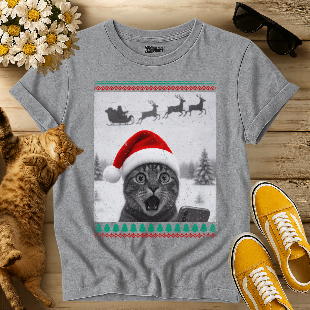 Cat Selfie with Santa Sleigh T-Shirt