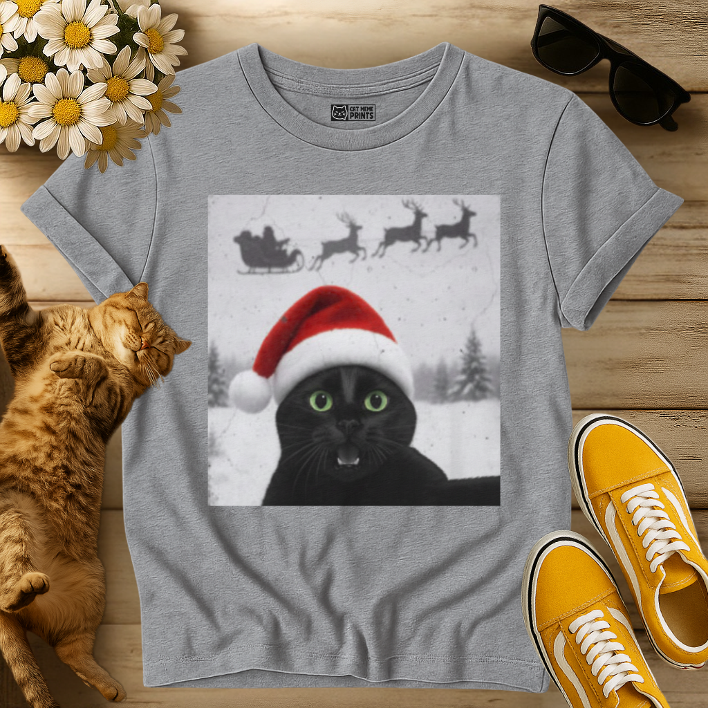 Black Cat Selfie with Santa Sleigh T-Shirt