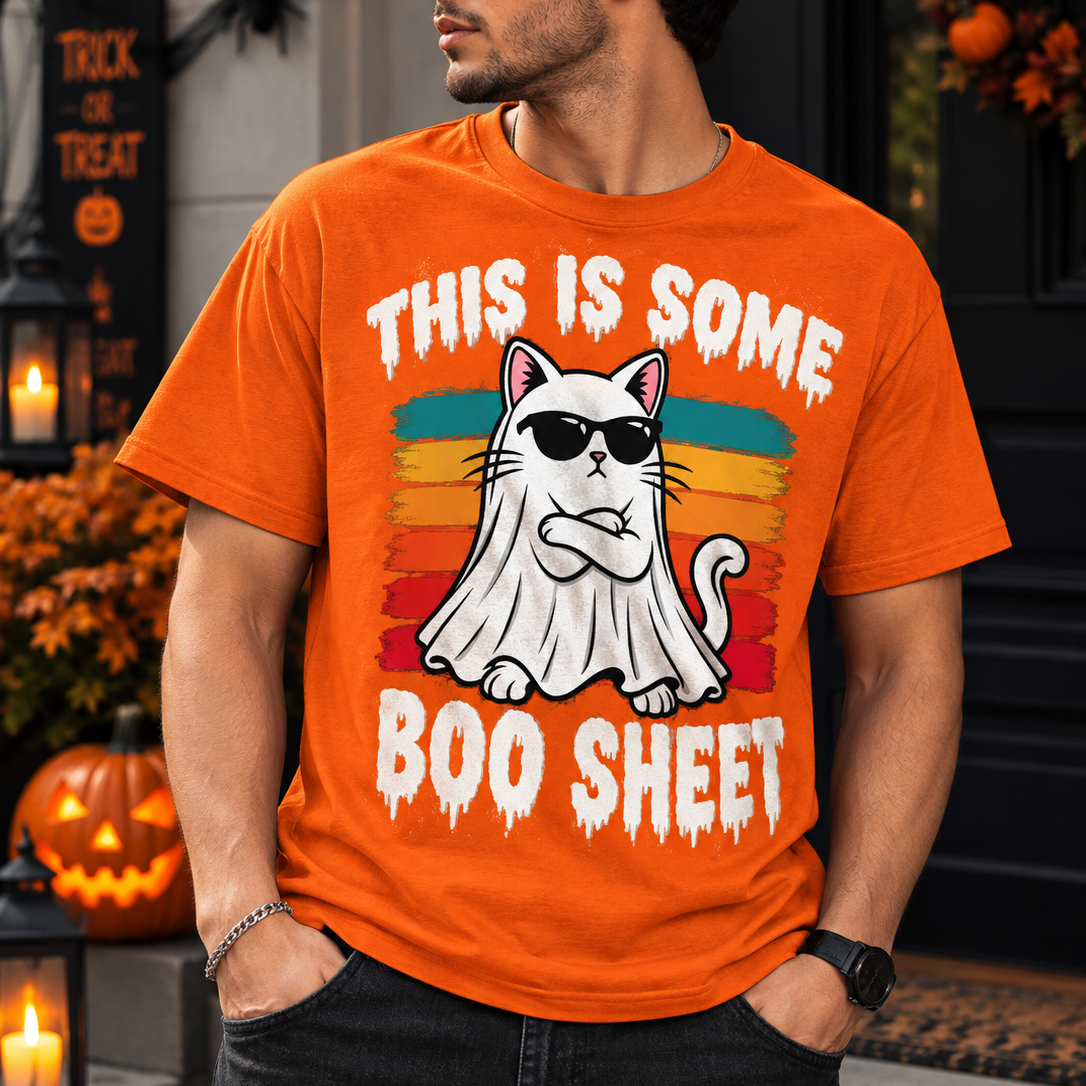 A man wearing a bright orange graphic t-shirt with a white ghost cat design and the text 'THIS IS SOME BOO SHEET' in a Halloween-themed outdoor setting.
