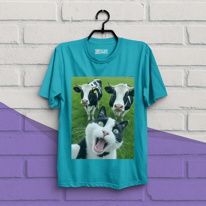 Cat Selfie With Black And White Cow T-Shirt