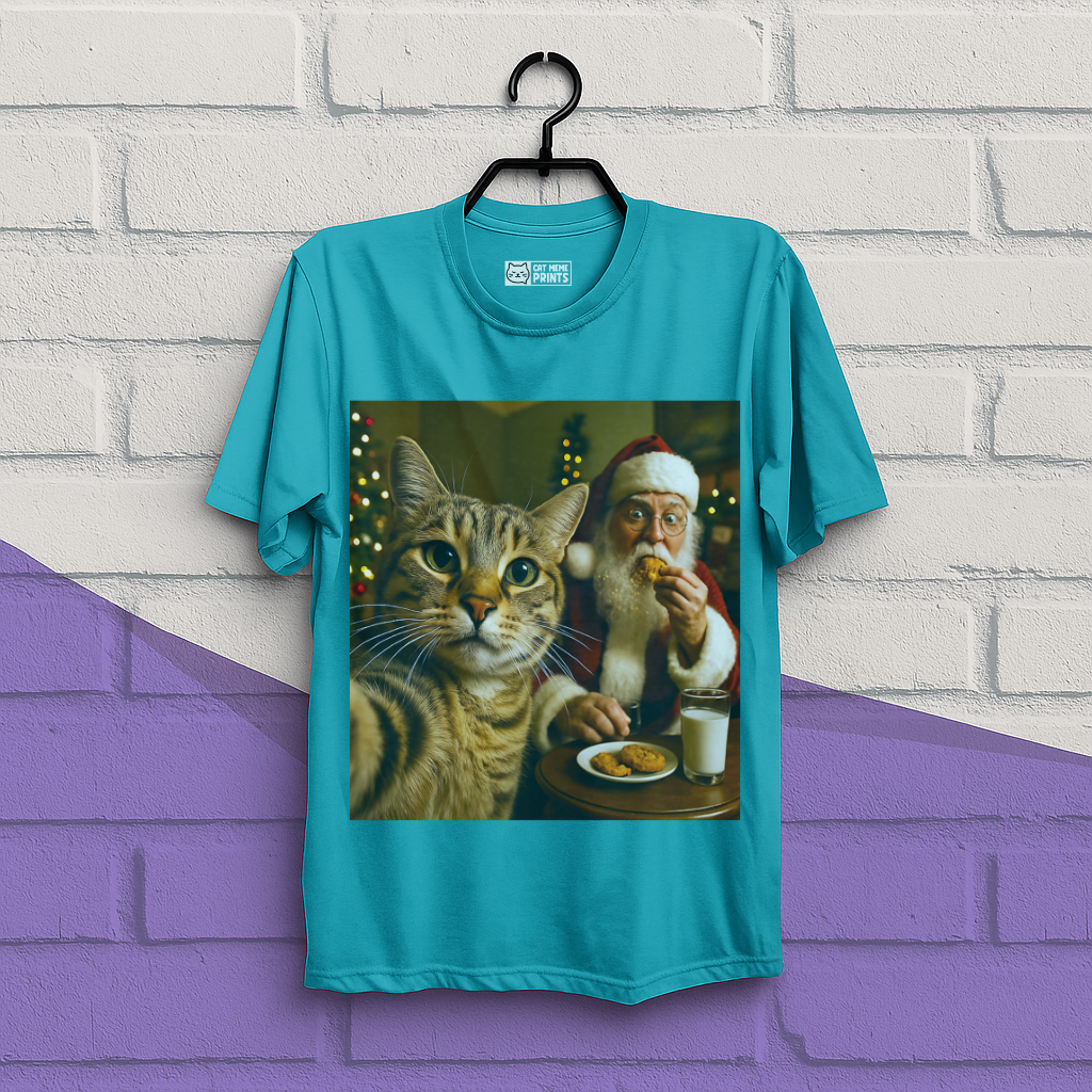 Cat Selfie with Santa Claus Eating Christmas T-Shirt