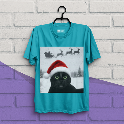 Black Cat Selfie with Santa Sleigh Christmas T-Shirt