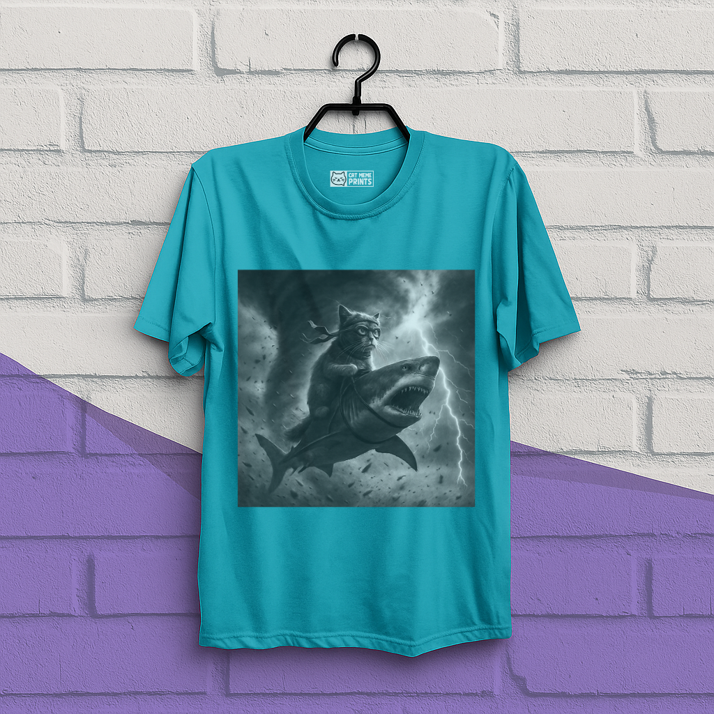 Cat Riding a Shark in Tornado Selfie Cat T-Shirt