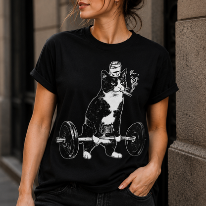 Weightlifting Cat Smoking Cigarette T-Shirt