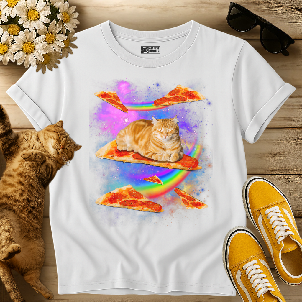 Cat Riding Pizza In Space Galaxy T-Shirt