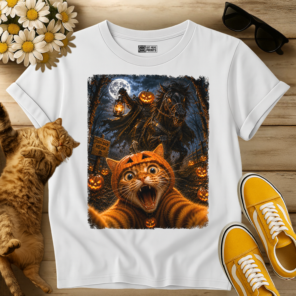 Cat Selfie with Scary Horseman Pumpkins T-Shirt