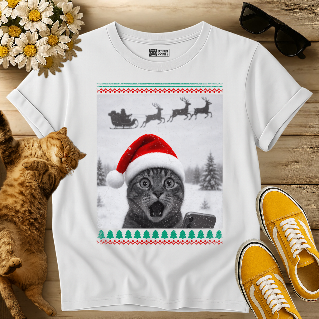 Cat Selfie with Santa Sleigh T-Shirt