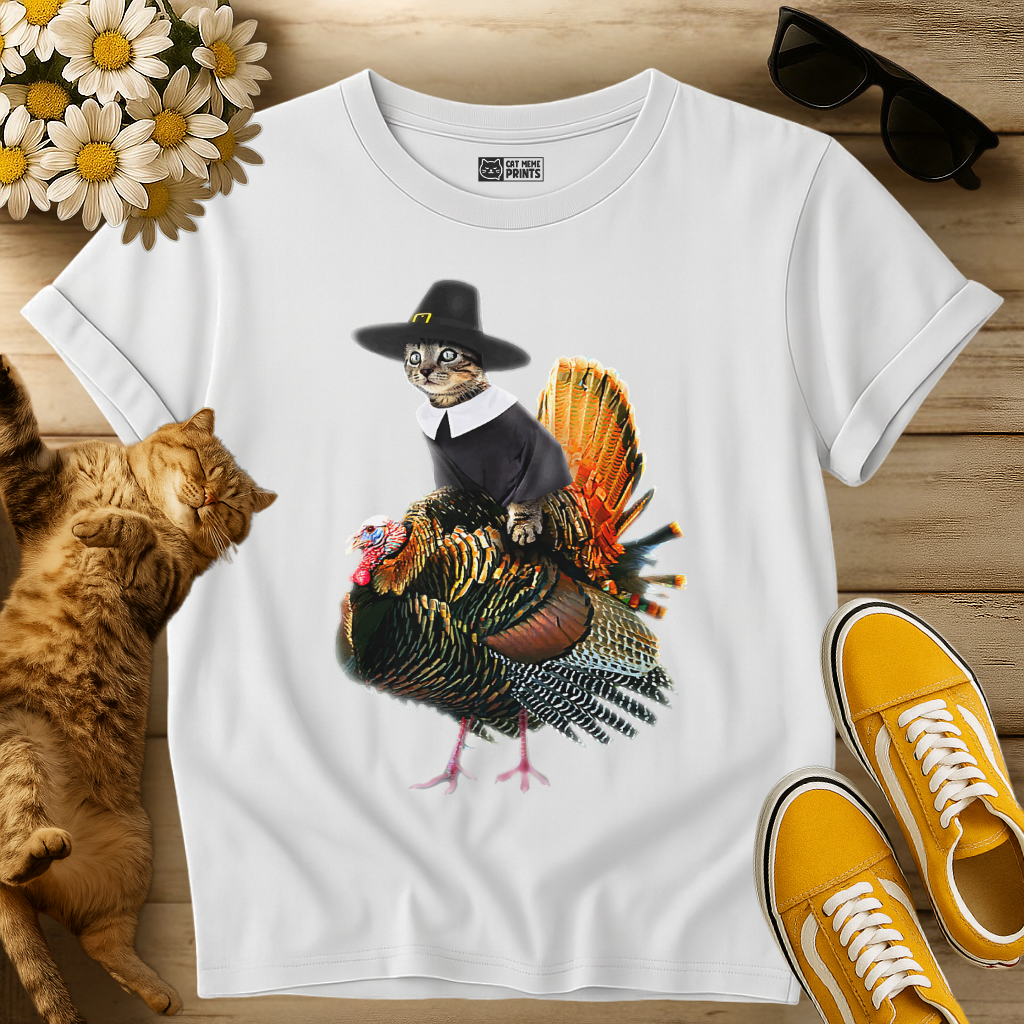 Cat Pilgrim Riding Turkey Thanksgiving T-Shirt