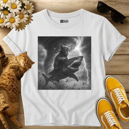 Cat Riding a Shark in Tornado Selfie T-Shirt