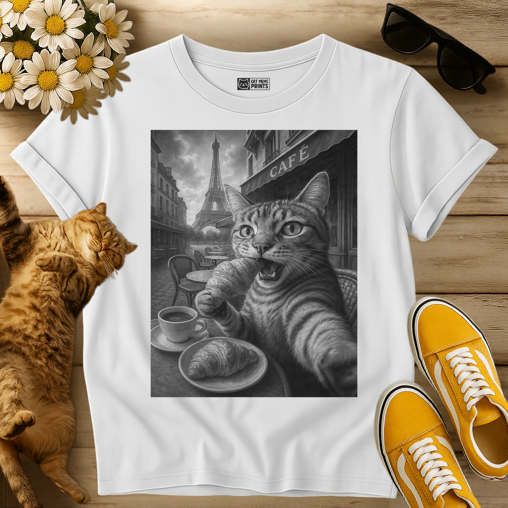 Paris Cat Selfie Eating Croissant by Eiffel Tower T-Shirt