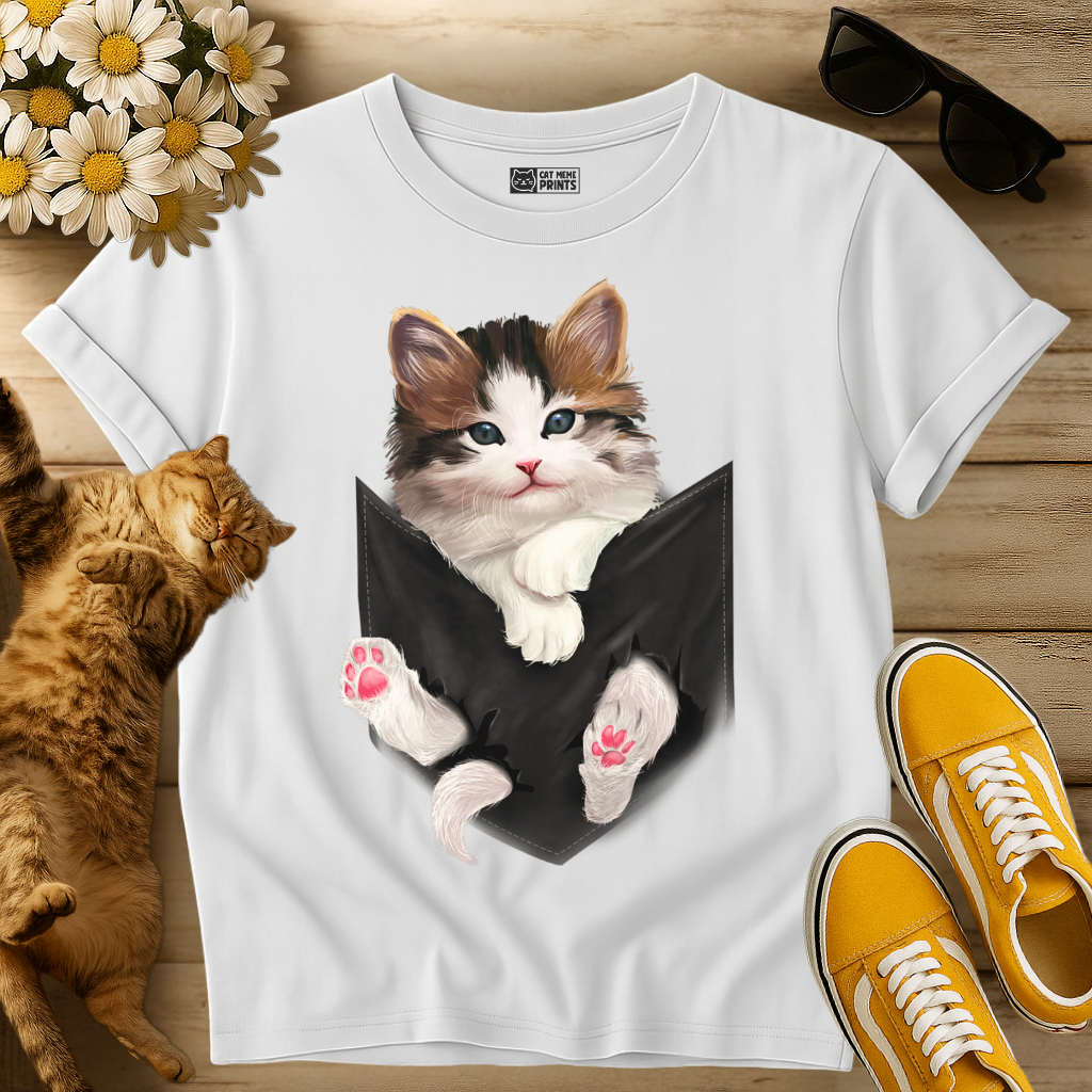 Cute White Kitty in Pocket T-Shirt