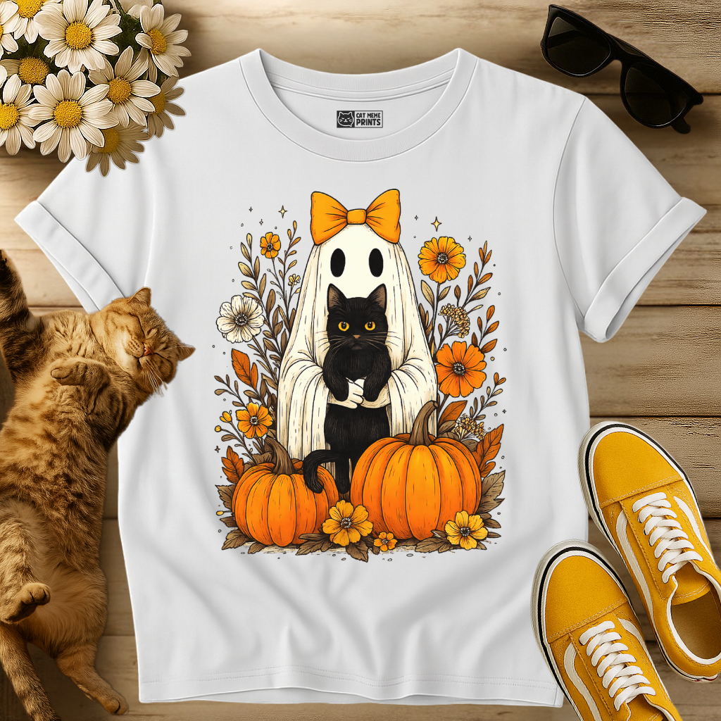 Ghost Holding Black Cat Floral T-Shirt