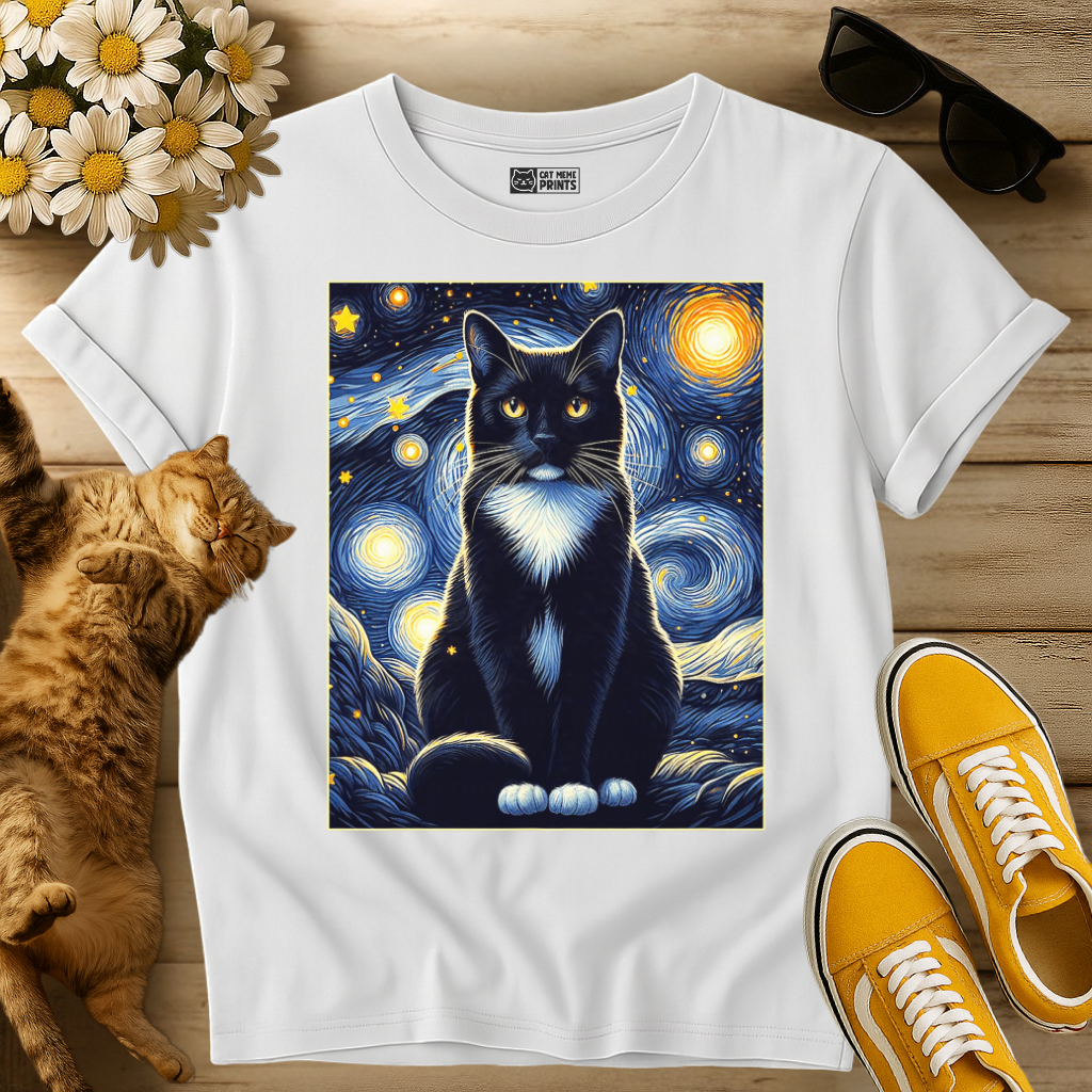 Tuxedo Cat Starry Night T-Shirt