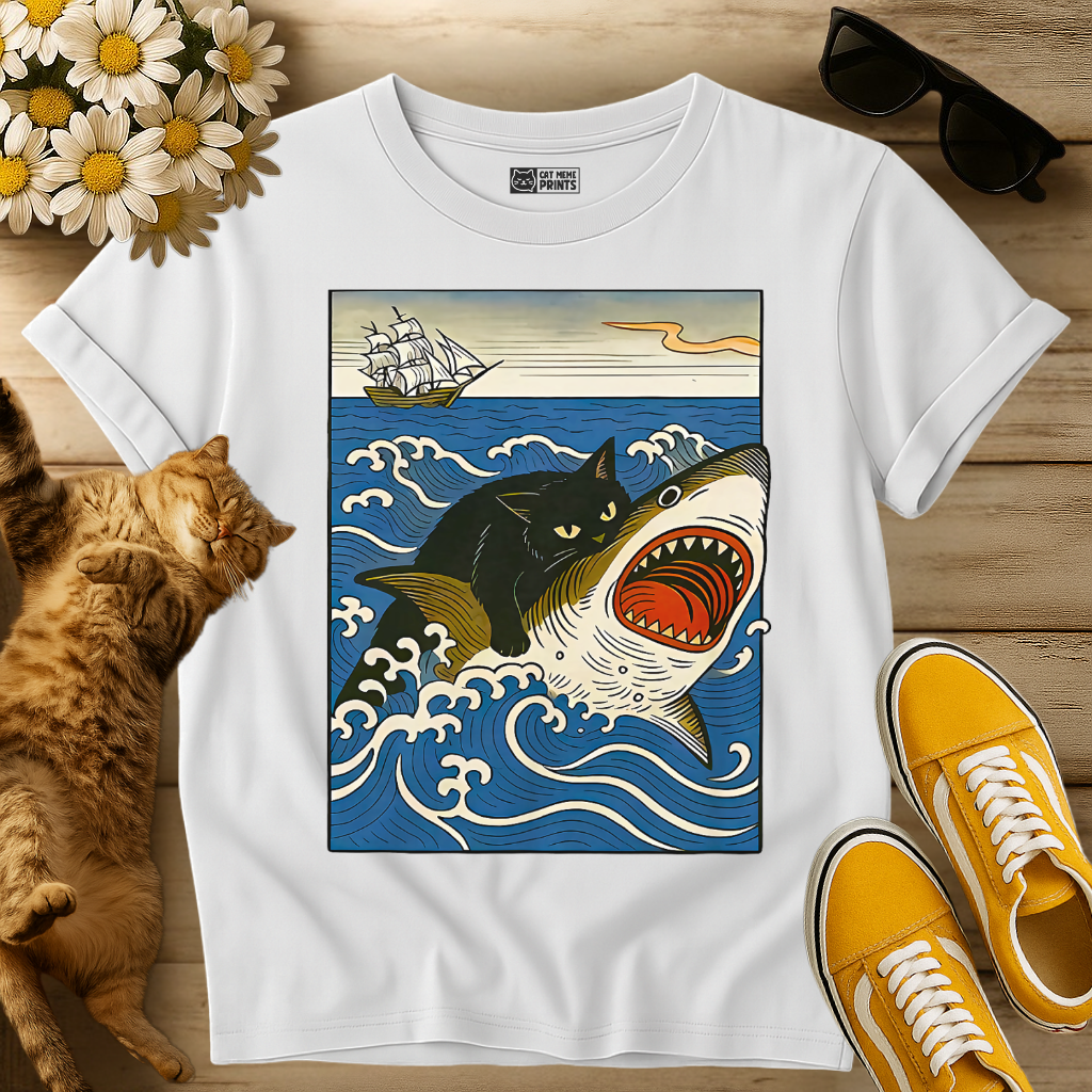 Black Cat Hunting Shark T-Shirt
