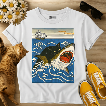 Black Cat Hunting Shark T-Shirt