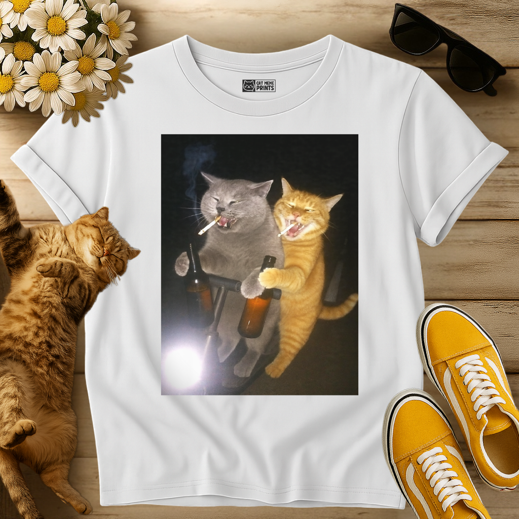 2 Cats Drinking and Smoking on Scooter T-Shirt