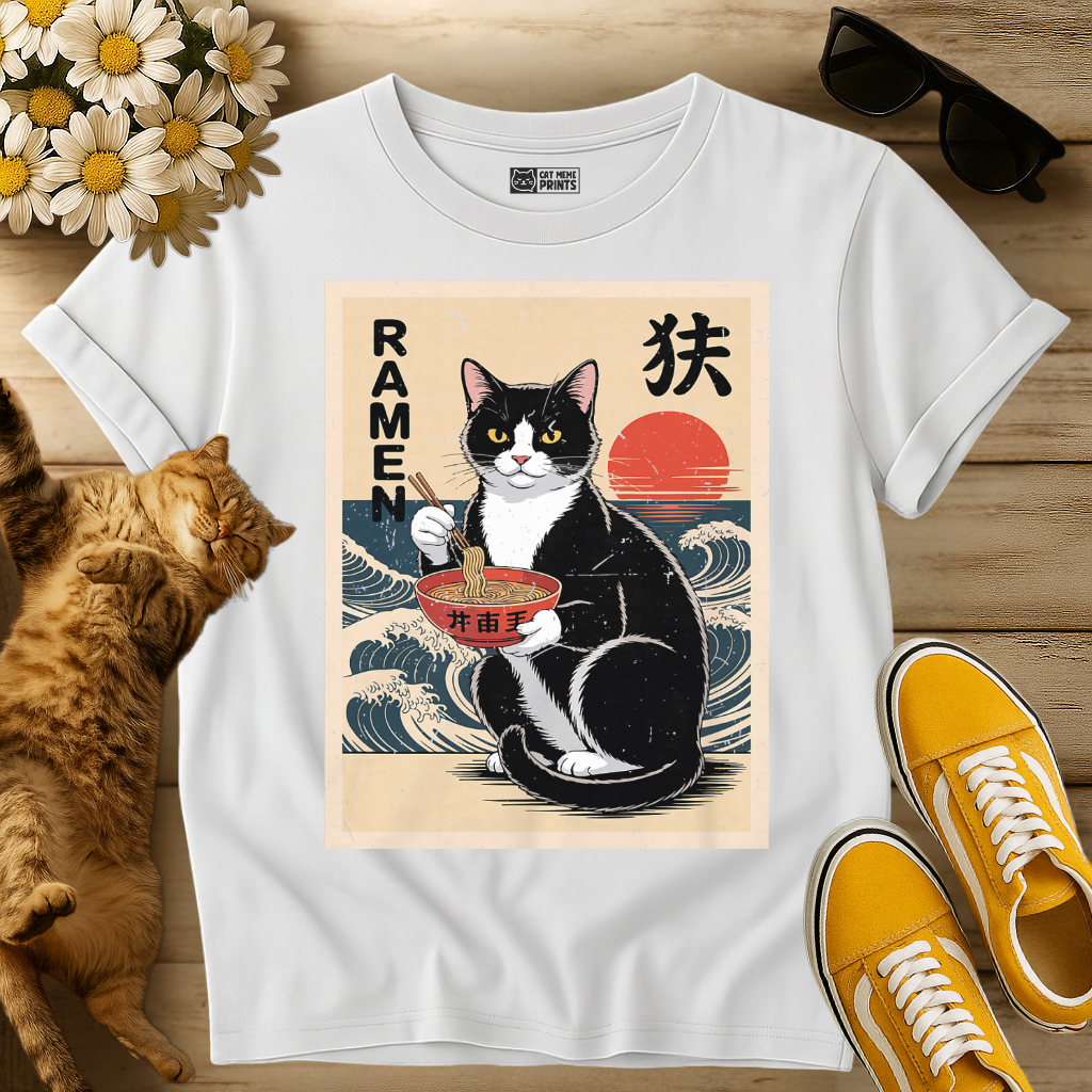 Tuxedo Cat Eating Ramen Kawaii T-Shirt