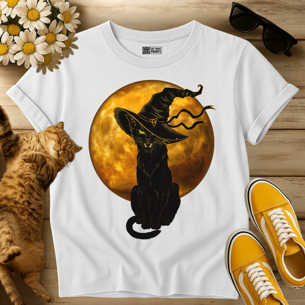 Scary Black Cat Witch Hat Moon T-Shirt