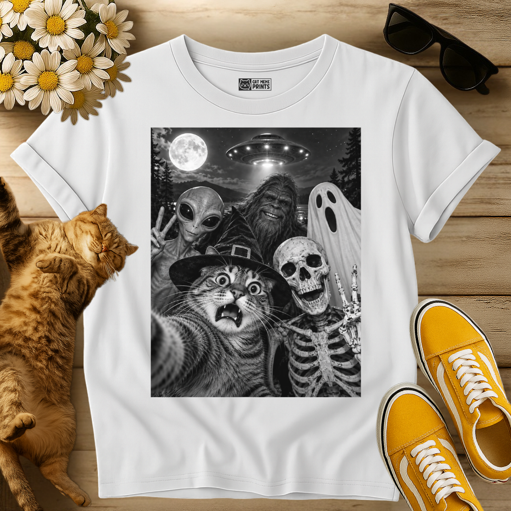 Cat Selfie Witch Skeleton Alien Bigfoot Ghost UFO T-Shirt