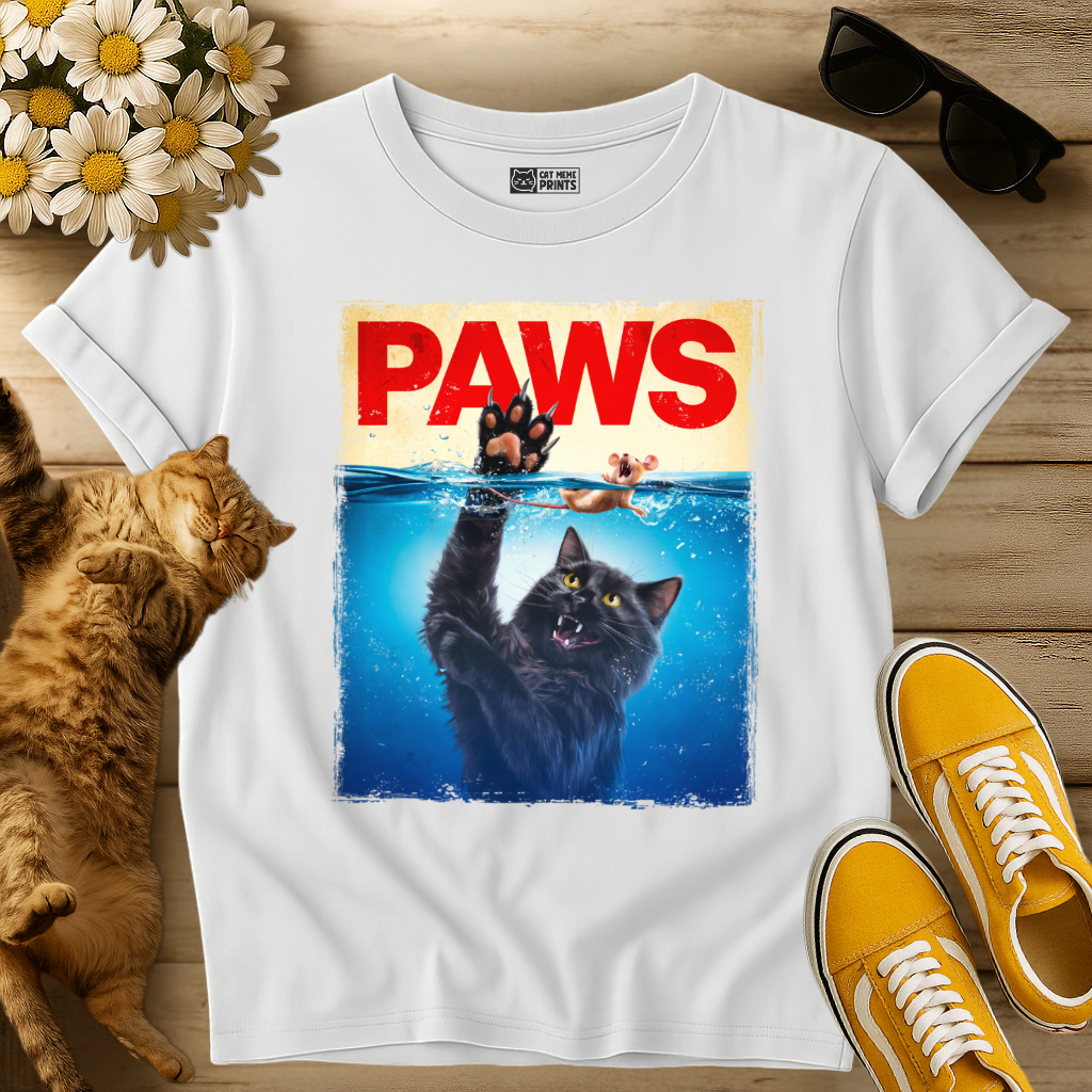 Paws Black Cat Chasing Scared Mouse T-Shirt