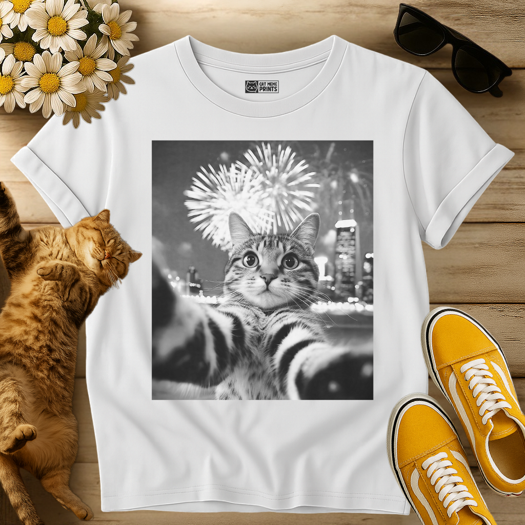 Cat Selfie New Year Firework T-Shirt